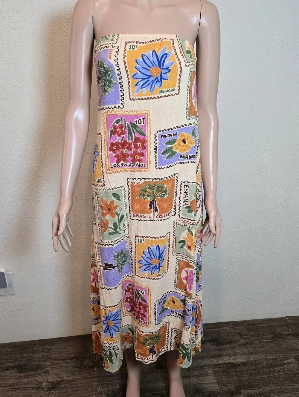 Anthropologie Paper Heart Strapless Floral Patchwork Linen Blend Maxi Dress Sm - Picture 4 of 11